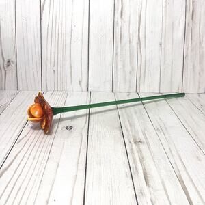 Art Deco Flower Hand Blown Glass Orange Long Stem Open Rose 15" Long